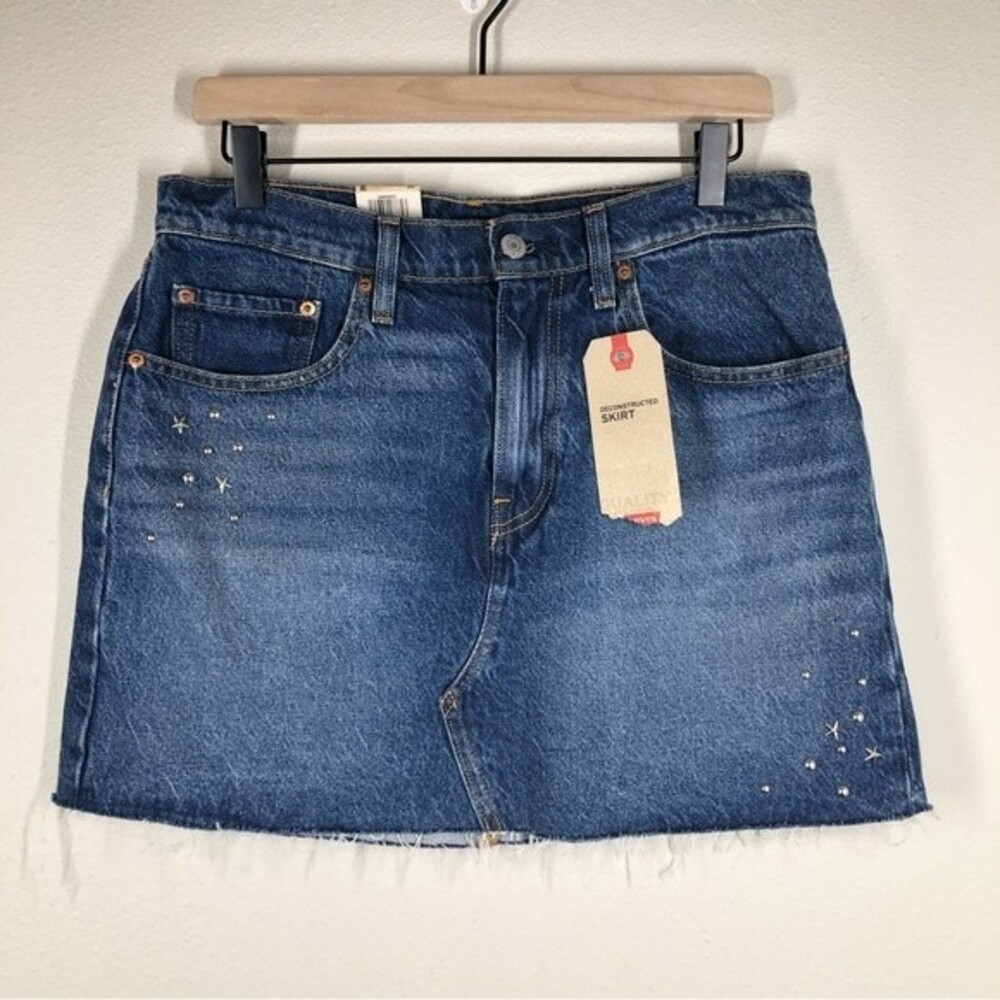 Levi’s Deconstructed Denim Skirt Raw Hem Rhinestone Star Embellished NWT 30